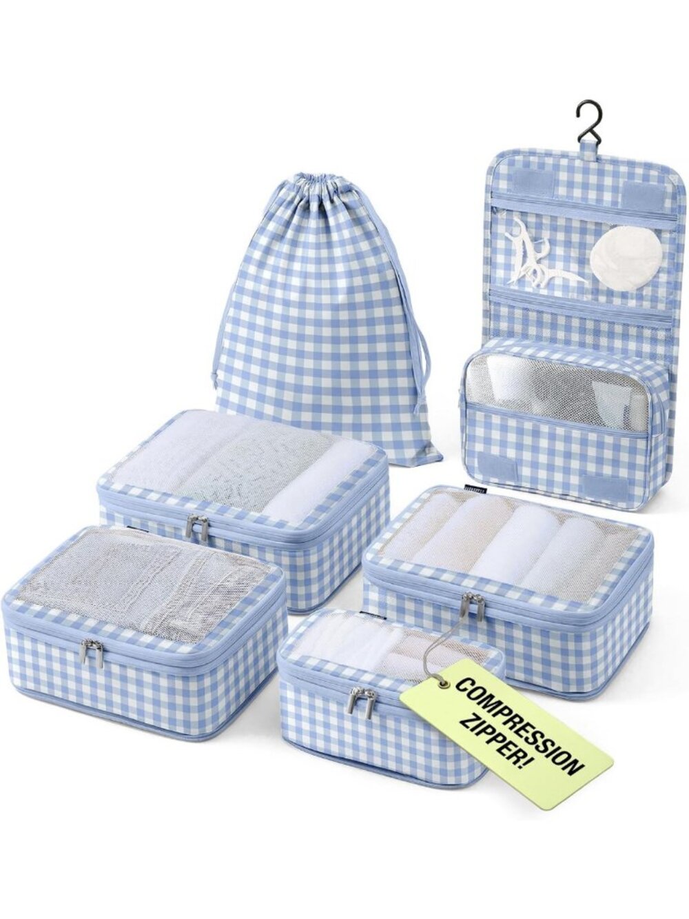 Compression Packing Cubes Set for Travel, Includes Hanging Toiletry Bag